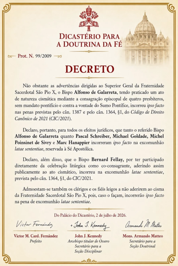 Imagem da publicação Vaticano decreta excomunhão de bispos da FSSPX após ordenações sem mandato papal
